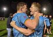 31 March 2023; UCD captain Bobby Sheehan, left, and team-mate Sean O'Brien celebrate after their side's victory in the annual rugby colours match between University College Dublin and Dublin University at the UCD Bowl in Belfield, Dublin. Photo by Sam Barnes/Sportsfile