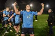 31 March 2023; UCD captain Bobby Sheehan celebrates after his side's victory in the annual rugby colours match between University College Dublin and Dublin University at the UCD Bowl in Belfield, Dublin. Photo by Sam Barnes/Sportsfile