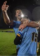31 March 2023; UCD players Ross Deegan, left, and Chris Cosgrave celebrate after their side's victory in the annual rugby colours match between University College Dublin and Dublin University at the UCD Bowl in Belfield, Dublin. Photo by Sam Barnes/Sportsfile