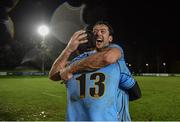 31 March 2023; UCD players Ross Deegan, right, and David Ryan celebrate after their side's victory in the annual rugby colours match between University College Dublin and Dublin University at the UCD Bowl in Belfield, Dublin. Photo by Sam Barnes/Sportsfile