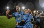 31 March 2023; UCD players Ross Deegan, left, and Chris Cosgrave celebrate after their side's victory in the annual rugby colours match between University College Dublin and Dublin University at the UCD Bowl in Belfield, Dublin. Photo by Sam Barnes/Sportsfile