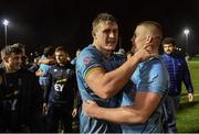 31 March 2023; UCD captain Bobby Sheehan, left, and Jack Boyle of UCD celebrate after their side's victory in the annual rugby colours match between University College Dublin and Dublin University at the UCD Bowl in Belfield, Dublin. Photo by Sam Barnes/Sportsfile