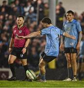 31 March 2023; Michael Moloney of UCD kicks the winning penalty during the annual rugby colours match between University College Dublin and Dublin University at the UCD Bowl in Belfield, Dublin. Photo by Sam Barnes/Sportsfile