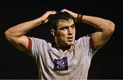 31 March 2023; Diarmuid McCormack of DUFC reacts after his side concede a late penalty during the annual rugby colours match between University College Dublin and Dublin University at the UCD Bowl in Belfield, Dublin. Photo by Sam Barnes/Sportsfile