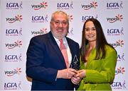31 March 2023; Nicola Ward of University of Limerick receives her Yoplait All-Stars award from Ladies HEC chairperson Daniel Caldwell at the 2022 Yoplait HEC All Stars evening, at the Dublin Bonnington Hotel in Dublin. Photo by Piaras Ó Mídheach/Sportsfile
