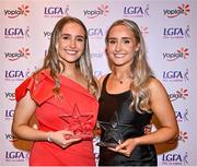 31 March 2023; Twins sisters Tara Needham of DCU Dóchas Éireann, left, and Ciara Needham of University of Limerick with their Yoplait All-Star awards at the 2022 Yoplait HEC All-Stars & Rising Stars evening at the Dublin Bonnington Hotel in Dublin. Photo by Piaras Ó Mídheach/Sportsfile