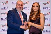 31 March 2023; Ciara McGarvey of ATU Donegal receives her Yoplait All-Stars award from Ladies HEC chairperson Daniel Caldwell at the 2022 Yoplait HEC All Stars evening, at the Dublin Bonnington Hotel in Dublin. Photo by Piaras Ó Mídheach/Sportsfile