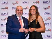 31 March 2023; Síofra O'Shea of University of Limerick receives her Yoplait All-Stars award from Ladies HEC chairperson Daniel Caldwell at the 2022 Yoplait HEC All Stars evening, at the Dublin Bonnington Hotel in Dublin. Photo by Piaras Ó Mídheach/Sportsfile