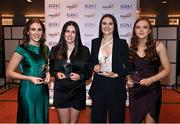 31 March 2023; ATU Sligo players, from left, Deirbhaile Lynch, Lily Vickers, Róisín Rodgers with their Yoplait Rising Stars awards alongside Ciara McGarvey of ATU Donegal with her Yoplait All-Star award at the 2022 Yoplait HEC All-Stars & Rising Stars evening at the Dublin Bonnington Hotel in Dublin. Photo by Piaras Ó Mídheach/Sportsfile