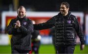 31 March 2023; Derry City assistant manager Alan Reynolds, left, and head coach Ruaidhrí Higgins after the SSE Airtricity Men's Premier Division match between Shelbourne and Derry City at Tolka Park in Dublin. Photo by Seb Daly/Sportsfile