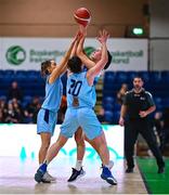 1 April 2023; Mia Furlong of The Address UCC Glanmire in action against Megan Connolly, left, and Amelia Motz of DCU Mercy during the MissQuote.ie Champions Trophy Final match between The Address UCC Glanmire, Cork and DCU Mercy, Dublin at National Basketball Arena in Tallaght, Dublin. Photo by Ben McShane/Sportsfile