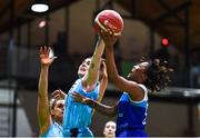 1 April 2023; Lindsey Abed of DCU Mercy blocks the shot of Brittany Byrd of The Address UCC Glanmire during the MissQuote.ie Champions Trophy Final match between The Address UCC Glanmire, Cork and DCU Mercy, Dublin at National Basketball Arena in Tallaght, Dublin. Photo by Ben McShane/Sportsfile