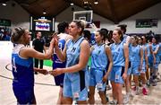 1 April 2023; Hannah Thornton of DCU Mercy and Simone O'Shea of The Address UCC Glanmire high-five after the MissQuote.ie Champions Trophy Final match between The Address UCC Glanmire, Cork and DCU Mercy, Dublin at National Basketball Arena in Tallaght, Dublin. Photo by Ben McShane/Sportsfile