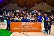 1 April 2023; The Address UCC Glanmire players celebrate with the cup after MissQuote.ie Champions Trophy Final match between The Address UCC Glanmire, Cork and DCU Mercy, Dublin at National Basketball Arena in Tallaght, Dublin. Photo by Ben McShane/Sportsfile