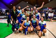 1 April 2023; The Address UCC Glanmire players celebrate with the cup after MissQuote.ie Champions Trophy Final match between The Address UCC Glanmire, Cork and DCU Mercy, Dublin at National Basketball Arena in Tallaght, Dublin. Photo by Ben McShane/Sportsfile