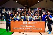 1 April 2023; The Address UCC Glanmire players celebrate with the cup after MissQuote.ie Champions Trophy Final match between The Address UCC Glanmire, Cork and DCU Mercy, Dublin at National Basketball Arena in Tallaght, Dublin. Photo by Ben McShane/Sportsfile