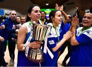 1 April 2023; The Address UCC Glanmire captain Áine McKenna leads the celebrations with her team and the cup after MissQuote.ie Champions Trophy Final match between The Address UCC Glanmire, Cork and DCU Mercy, Dublin at National Basketball Arena in Tallaght, Dublin. Photo by Ben McShane/Sportsfile