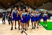 1 April 2023; The Address UCC Glanmire captain Áine McKenna leads the celebrations with her team and the cup after MissQuote.ie Champions Trophy Final match between The Address UCC Glanmire, Cork and DCU Mercy, Dublin at National Basketball Arena in Tallaght, Dublin. Photo by Ben McShane/Sportsfile