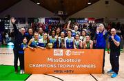 1 April 2023; The Address UCC Glanmire players celebrate with the cup after MissQuote.ie Champions Trophy Final match between The Address UCC Glanmire, Cork and DCU Mercy, Dublin at National Basketball Arena in Tallaght, Dublin. Photo by Ben McShane/Sportsfile