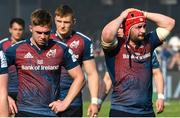 1 April 2023; Jack Crowley, left, and John Hodnett of Munster after the Heineken Champions Cup Round of 16 match between Cell C Sharks and Munster at Hollywoodbets Kings Park Stadium in Durban, South Africa. Photo by Darren Stewart/Sportsfile