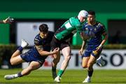 1 April 2023; Mack Hansen of Connacht is tackled by Tommaso Menoncello of Benetton during the Challenge Cup Round of 16 match between Benetton and Connacht at Stadio Monigo in Treviso, Italy. Photo by Roberto Bregani/Sportsfile