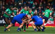 1 April 2023; Dorothy Wall of Ireland is tackled by Clara Joyeux and Annaelle Deshayes of France during the TikTok Women's Six Nations Rugby Championship match between Ireland and France at Musgrave Park in Cork. Photo by Brendan Moran/Sportsfile