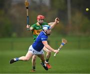 1 April 2023; Matthew Hynes of Cavan in action against Paul Lenehan of Leitrim during the Allianz Hurling League Division 3B Final match between Cavan and Leitrim at GAA National Games Development Centre in Sport Ireland Campus in Dublin. Photo by David Fitzgerald/Sportsfile
