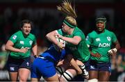 1 April 2023; Sam Monaghan of Ireland is tackled by Agathe Sochat of France during the TikTok Women's Six Nations Rugby Championship match between Ireland and France at Musgrave Park in Cork. Photo by Brendan Moran/Sportsfile