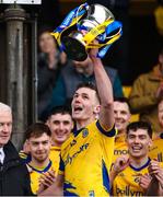 1 April 2023; Roscommon captain Brendan Mulry lifts the trophy after the Allianz Hurling League Division 3A Final match between Roscommon and Armagh at Páirc Tailteann in Navan, Meath. Photo by Michael P Ryan/Sportsfile