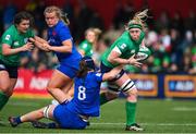 1 April 2023; Sam Monaghan of Ireland is tackled by Charlotte Escudero of France during the TikTok Women's Six Nations Rugby Championship match between Ireland and France at Musgrave Park in Cork. Photo by Brendan Moran/Sportsfile