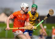 1 April 2023; Tomás Galvin of Armagh in action against Brendan Mulry of Roscommon during the Allianz Hurling League Division 3A Final match between Roscommon and Armagh at Páirc Tailteann in Navan, Meath. Photo by Michael P Ryan/Sportsfile