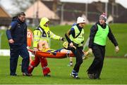 1 April 2023; Eoin Fitzgerald of Roscommon is stretchers off during the Allianz Hurling League Division 3A Final match between Roscommon and Armagh at Páirc Tailteann in Navan, Meath. Photo by Michael P Ryan/Sportsfile