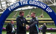 1 April 2023; Jordi Murphy of Ulster, left, and Scott Penny of Leinster before the Heineken Champions Cup Round of 16 match between Leinster and Ulster at the Aviva Stadium in Dublin. Photo by Harry Murphy/Sportsfile