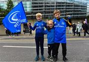 1 April 2023; Leinster supporters Jack Quinn, age 8, Fionn Ahearne, age 5, and Padraig O’Flaherty, age 10, from Dundalk, Louth before the Heineken Champions Cup Round of 16 match between Leinster and Ulster at Aviva Stadium in Dublin. Photo by Sam Barnes/Sportsfile