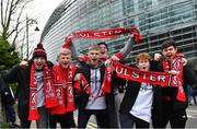 1 April 2023; Ulster supporters, from left, Matthew McClean, Noah Adamson, Mathew McIlwrath, Benjamin Coppens, Daniel McMullan and Jake Green before the Heineken Champions Cup Round of 16 match between Leinster and Ulster at Aviva Stadium in Dublin. Photo by Sam Barnes/Sportsfile