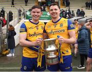 1 April 2023; Roscommon players Eamon Mulry, left, and Eamon Flanagan celebrate after the Allianz Hurling League Division 3A Final match between Roscommon and Armagh at Páirc Tailteann in Navan, Meath. Photo by Michael P Ryan/Sportsfile