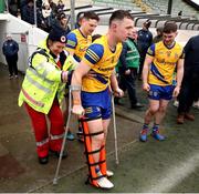 1 April 2023; Eoin Fitzgerald of Roscommon makes his way back out after been stretchered off to join in the celebrations after the Allianz Hurling League Division 3A Final match between Roscommon and Armagh at Páirc Tailteann in Navan, Meath. Photo by Michael P Ryan/Sportsfile