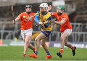1 April 2023; Jack Dowling of Roscommon in action against Odhrán Curry, left, and Cormac Jennings of Armagh during the Allianz Hurling League Division 3A Final match between Roscommon and Armagh at Páirc Tailteann in Navan, Meath. Photo by Michael P Ryan/Sportsfile