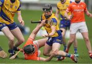 1 April 2023; Conor Mulry of Roscommon in action against Tiarnán Nevin of Armagh during the Allianz Hurling League Division 3A Final match between Roscommon and Armagh at Páirc Tailteann in Navan, Meath. Photo by Michael P Ryan/Sportsfile
