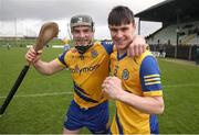 1 April 2023; Roscommon players, Mickey Joe Egan, left, and Paddy Fallon celebrate after the Allianz Hurling League Division 3A Final match between Roscommon and Armagh at Páirc Tailteann in Navan, Meath. Photo by Michael P Ryan/Sportsfile