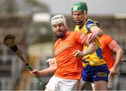 1 April 2023; Tam McKavanagh of Armagh in action against Brendan Mulry of Roscommon during the Allianz Hurling League Division 3A Final match between Roscommon and Armagh at Páirc Tailteann in Navan, Meath. Photo by Michael P Ryan/Sportsfile
