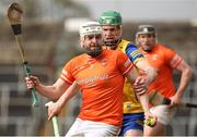 1 April 2023; Tam McKavanagh of Armagh in action against Brendan Mulry of Roscommon during the Allianz Hurling League Division 3A Final match between Roscommon and Armagh at Páirc Tailteann in Navan, Meath. Photo by Michael P Ryan/Sportsfile