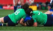 1 April 2023; Agathe Sochat of France scores a try during the TikTok Women's Six Nations Rugby Championship match between Ireland and France at Musgrave Park in Cork. Photo by Brendan Moran/Sportsfile