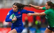 1 April 2023; Cyrielle Banet of France is tackled by Méabh Deely of Ireland, for which Deely was shown a yellow card, during the TikTok Women's Six Nations Rugby Championship match between Ireland and France at Musgrave Park in Cork. Photo by Brendan Moran/Sportsfile