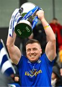 1 April 2023; Matthew Hynes of Cavan lifts the cup after the Allianz Hurling League Division 3B Final match between Cavan and Leitrim at GAA National Games Development Centre in Sport Ireland Campus in Dublin. Photo by David Fitzgerald/Sportsfile