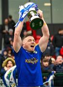 1 April 2023; Matthew Hynes of Cavan lifts the cup after the Allianz Hurling League Division 3B Final match between Cavan and Leitrim at GAA National Games Development Centre in Sport Ireland Campus in Dublin. Photo by David Fitzgerald/Sportsfile