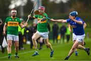 1 April 2023; Enda Moreton of Leitrim in action against Dominic Crudden of Cavan during the Allianz Hurling League Division 3B Final match between Cavan and Leitrim at GAA National Games Development Centre in Sport Ireland Campus in Dublin. Photo by David Fitzgerald/Sportsfile