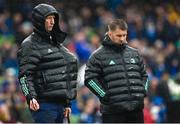 1 April 2023; Leinster head coach Leo Cullen, left, and Sean O'Brien of Leinster before the Heineken Champions Cup Round of 16 match between Leinster and Ulster at Aviva Stadium in Dublin. Photo by Ramsey Cardy/Sportsfile