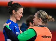 1 April 2023; Jessy Tremouliere of France, left, with Ireland backs coach Niamh Briggs after the TikTok Women's Six Nations Rugby Championship match between Ireland and France at Musgrave Park in Cork. Photo by Brendan Moran/Sportsfile
