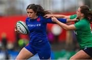 1 April 2023; Cyrielle Banet of France is tackled by Méabh Deely of Ireland, for which Deely was shown a yellow card, during the TikTok Women's Six Nations Rugby Championship match between Ireland and France at Musgrave Park in Cork. Photo by Brendan Moran/Sportsfile